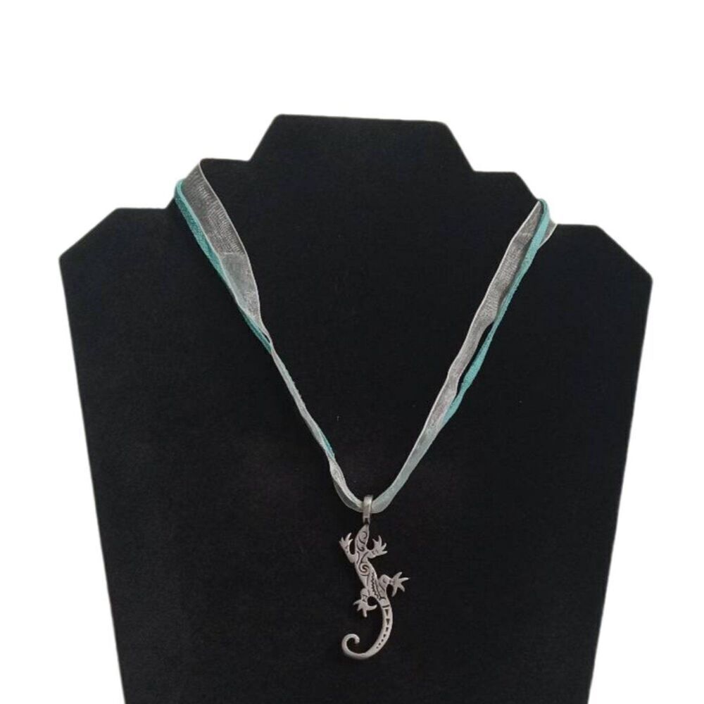 Silver Toned Metal Gecko Lizard Double Strand Blue Ribbon Chain Pendant Necklace